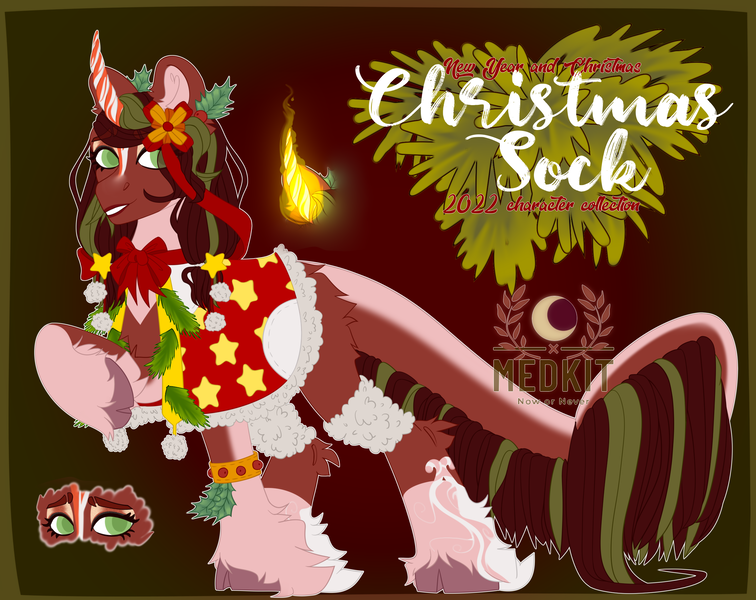 Size: 2402x1906 | Tagged: safe, artist:medkit, derpibooru import, oc, oc:larna, ponified, unofficial characters only, original species, pony, unicorn, accessories, adoptable, berry, bow, bracelet, branches, candy, candy cane, cape, chest fluff, christmas sock, clothes, cloven hooves, coat markings, colored hooves, colored horn, colored lineart, curved horn, drupe, ear fluff, eye clipping through hair, eyebrows, eyebrows visible through hair, eyelashes, eyeshadow, facial markings, fir branch, fluffy, food, fur, gradient background, green eyes, gritted teeth, hair bow, hairstyle, heart shaped, high res, horn, ilex, image, jewelry, leaves, leonine tail, lipstick, long horn, long mane, long tail, makeup, old art, patch, png, pompon, raised hoof, reference sheet, ribbon, scrunchie, signature, socks (coat marking), solo, standing, stars, tail, teeth, title, two toned horn, two toned mane, unicorn oc, unshorn fetlocks, warm, warm magic