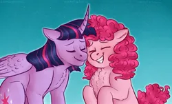 Size: 2627x1583 | Tagged: safe, alternate version, artist:violetpony11, derpibooru import, pinkie pie, twilight sparkle, twilight sparkle (alicorn), alicorn, chest fluff, curved horn, duo, eyes closed, female, horn, image, jpeg, lesbian, shipping, twinkie