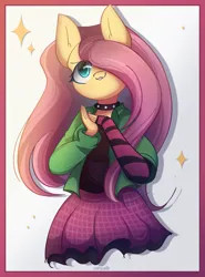 Size: 1700x2300 | Tagged: safe, artist:miryelis, derpibooru import, anthro, pony, abstract background, choker, clothes, cute, draw this in your style, dtiys, dtiys emoflat, female, gloves, grin, hand, image, jacket, long hair, mare, one eye closed, png, signature, skirt, smiling, solo, sparkles, spiked choker