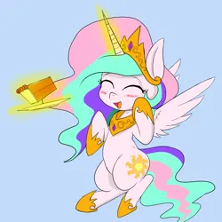 Size: 2048x2046 | Tagged: safe, artist:a.s.e, derpibooru import, princess celestia, alicorn, pony, cake, eyes closed, female, food, image, jpeg, light blue background, magic, mare, plate, simple background, solo, telekinesis