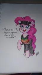 Size: 1080x1920 | Tagged: safe, artist:zumito_decereza, derpibooru import, pinkie pie, earth pony, pony, clothes, female, image, jpeg, mare, solo, spanish, text, traditional art
