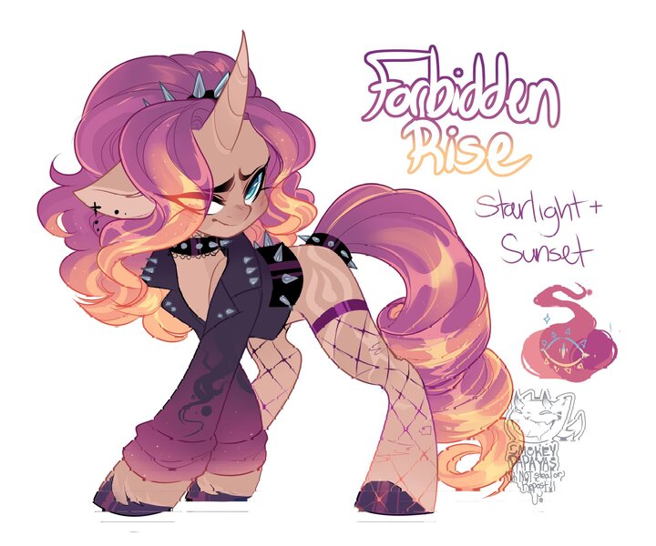 Size: 2048x1707 | Tagged: safe, artist:smokeypapayas, derpibooru import, starlight glimmer, sunset shimmer, oc, oc:forbidden rise, pony, unicorn, choker, clothes, curved horn, female, fusion, horn, image, jacket, jpeg, leather, leather jacket, simple background, solo, spiked choker, unicorn oc, white background