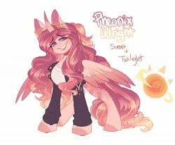 Size: 2048x1707 | Tagged: safe, artist:smokeypapayas, derpibooru import, sunset shimmer, twilight sparkle, twilight sparkle (alicorn), oc, oc:pheonix wright, alicorn, pony, alicorn oc, female, fusion, grin, horn, image, jpeg, simple background, smiling, solo, white background, wings