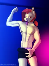 Size: 1620x2160 | Tagged: suggestive, alternate version, artist:endelthepegasus, derpibooru import, oc, oc:zeleniy, anthro, anthro oc, belly button, bulges, clothes, ear piercing, facial hair, image, jpeg, long tongue, male, male nipples, muscles, nipples, nudity, open mouth, panties, partial nudity, piercing, sideburns, solo, solo male, tongue out, underwear