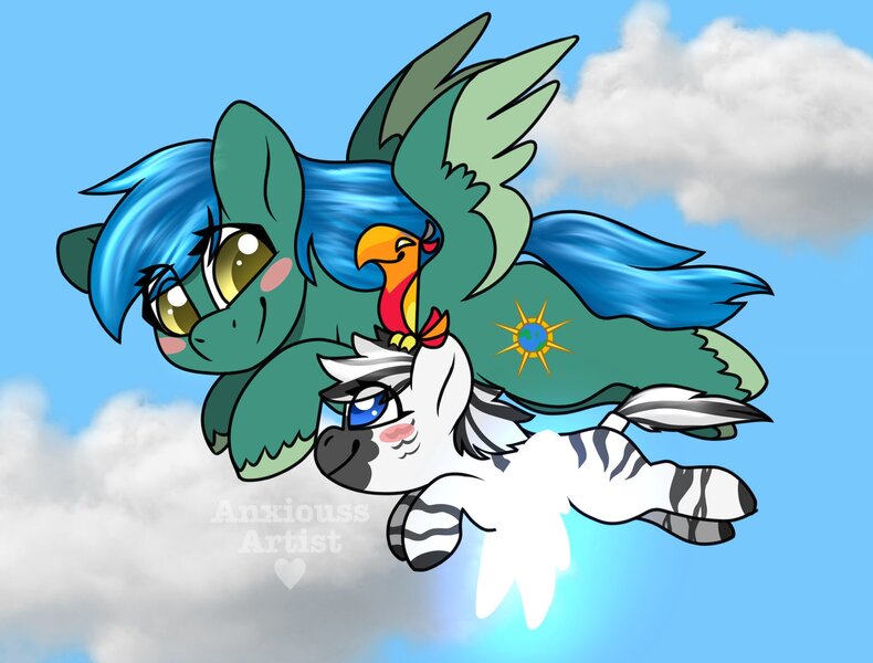 Size: 2048x1556 | Tagged: safe, artist:anxioussartist, derpibooru import, oc, oc:distant skies, oc:mwotaji, unofficial characters only, pegasus, phoenix, pony, zebra, artificial wings, augmented, colored wings, commission, cute, female, filly, flying, foal, image, jpeg, magic, magic wings, sky background, two toned wings, wings