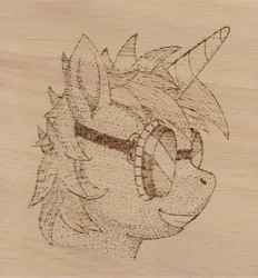 Size: 4753x5129 | Tagged: safe, alternate version, artist:malte279, derpibooru import, oc, oc:multi purpose, unicorn, craft, goggles, image, jpeg, pyrography, traditional art