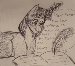 Size: 2048x1818 | Tagged: safe, artist:violetpony11, derpibooru import, twilight sparkle, twilight sparkle (alicorn), alicorn, pony, image, implied sunset shimmer, jpeg, monochrome, sketch, sunset's journal, traditional art