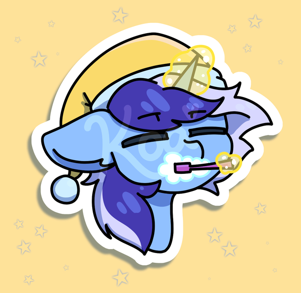 Size: 1244x1210 | Tagged: safe, artist:koapony, derpibooru import, minuette, pony, unicorn, brushing teeth, bust, eyebrows, eyebrows visible through hair, eyes closed, hat, image, jpeg, levitation, magic, nightcap, portrait, sleepy, solo, telekinesis, toothbrush, watermark