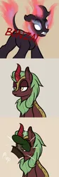 Size: 600x1800 | Tagged: safe, artist:ahorseofcourse, derpibooru import, autumn blaze, cinder glow, summer flare, kirin, nirik, pony, 3 panel comic, bonsai, cinder glow is not amused, comic, female, image, lidded eyes, mare, onomatopoeia, plap, png, sound effects, unamused