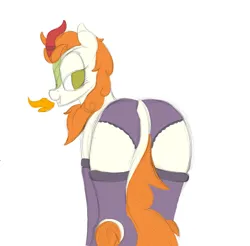 Size: 1107x1089 | Tagged: suggestive, artist:ahorseofcourse, derpibooru import, autumn blaze, kirin, pony, aggie.io, bedroom eyes, clothes, female, fire, fire breath, hockless socks, image, looking back, mare, panties, png, simple background, sketch, socks, solo, stockings, thigh highs, underwear