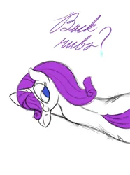 Size: 508x682 | Tagged: safe, artist:ahorseofcourse, derpibooru import, rarity, pony, unicorn, aggie.io, back rub, female, image, lidded eyes, looking at you, looking back, looking back at you, lying down, mare, png, simple background, smiling, solo, text, underhoof