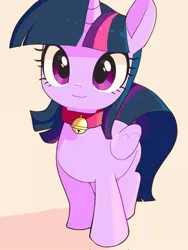 Size: 1536x2048 | Tagged: safe, artist:cheesesauce_45, derpibooru import, twilight sparkle, twilight sparkle (alicorn), alicorn, pony, beige background, bell, bell collar, collar, image, jpeg, looking at you, simple background, solo