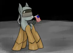 Size: 693x498 | Tagged: safe, artist:ahorseofcourse, derpibooru import, oc, ponified, unofficial characters only, pony, robot, american flag, flag, image, lunar lander, moon, moon landing, mouth hold, png, solo