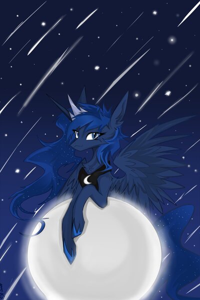 Size: 2731x4096 | Tagged: safe, artist:7pspoints, derpibooru import, princess luna, alicorn, pony, female, image, jpeg, meteor shower, moon, shooting star, solo, tangible heavenly object