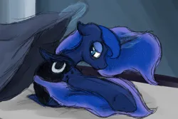 Size: 2400x1600 | Tagged: safe, artist:ahorseofcourse, derpibooru import, princess luna, alicorn, pony, blanket, glow, glowing horn, horn, image, png, solo, tail, tail between legs, tired