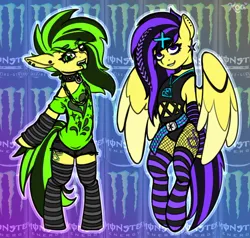 Size: 1658x1581 | Tagged: safe, artist:koapony, derpibooru import, oc, oc:koa, unofficial characters only, earth pony, pegasus, bipedal, chains, choker, clothes, collar, colored wings, colored wingtips, ear piercing, earring, emo, eyebrows, eyebrows visible through hair, fishnets, image, jewelry, jpeg, leg warmers, looking at you, necklace, open mouth, pendant, piercing, scene kid, shirt, shorts, smiling, socks, spiked collar, spread wings, striped socks, thigh highs, two toned wings, wings