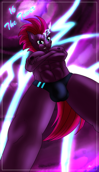 Size: 1100x1900 | Tagged: questionable, alternate version, artist:sixes&sevens, derpibooru import, tempest shadow, anthro, unicorn, abs, angry, bikini, bikini bottom, broken horn, clothes, crossed arms, crotch bulge, futa, horn, image, intersex, lightning, looking at you, looking down, looking down at you, major arcana, muscles, muscular futa, partial nudity, png, solo, solo futa, storm, swimsuit, tarot card, the tower, topless