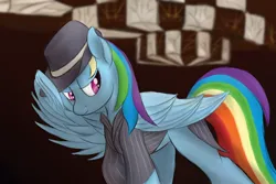 Size: 1800x1200 | Tagged: safe, artist:ahorseofcourse, derpibooru import, rainbow dash, pegasus, pony, art deco, clothes, fedora, hat, image, modern art, pinstripes, png, solo, suit