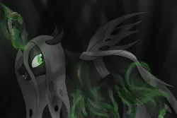 Size: 2250x1500 | Tagged: safe, artist:ahorseofcourse, derpibooru import, queen chrysalis, changeling, changeling queen, fangs, female, green eyes, horn, image, magic, monochrome, neo noir, open mouth, partial color, png, solo, wings