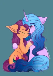 Size: 1280x1833 | Tagged: safe, artist:dashienightingale, derpibooru import, izzy moonbow, sunny starscout, earth pony, pony, duo, female, g5, hug, image, izzyscout, lesbian, png, sad, shipping, simple background