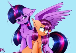 Size: 1280x895 | Tagged: safe, artist:dashienightingale, derpibooru import, princess twilight 2.0, sunny starscout, twilight sparkle, twilight sparkle (alicorn), alicorn, earth pony, pony, the last problem, blue background, chest fluff, duo, female, g5, image, jpeg, older, older twilight, simple background