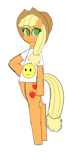 Size: 1246x2725 | Tagged: safe, artist:malleymall, derpibooru import, applejack, earth pony, pony, applejack's hat, bipedal, clothes, cowboy hat, cute, female, hat, hooves on hips, image, jackabetes, looking at you, mare, png, shirt, simple background, smiley face, smiling, solo, transparent background