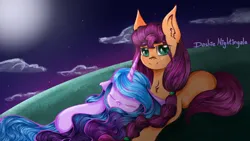 Size: 1192x670 | Tagged: safe, artist:dashienightingale, derpibooru import, izzy moonbow, sunny starscout, earth pony, pony, unicorn, cute, duo, female, g5, image, izzybetes, izzyscout, lesbian, moon, png, shipping, sleeping