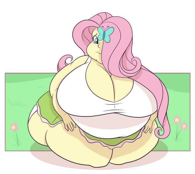 Size: 2472x2208 | Tagged: suggestive, artist:tubbytoon, derpibooru import, fluttershy, human, equestria girls, belly, big belly, big breasts, breasts, busty fluttershy, fat, fattershy, female, hair over one eye, huge breasts, image, impossibly large breasts, kneeling, png, smiling, solo, solo female, thighs, thunder thighs
