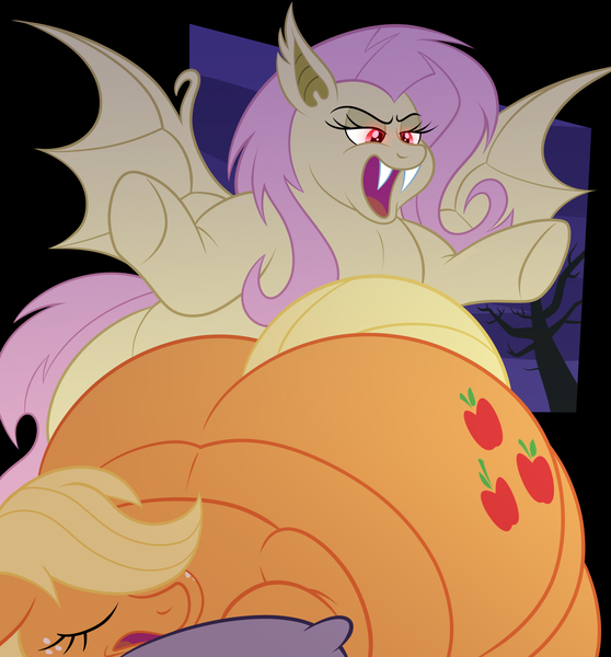 Size: 2478x2665 | Tagged: suggestive, artist:tubbytoon, derpibooru import, applejack, fluttershy, bat pony, ampleflank, amplejack, bat ponified, fat, fattershy, flutterbat, image, jpeg, race swap