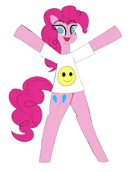 Size: 2349x2975 | Tagged: safe, artist:malleymall, derpibooru import, pinkie pie, earth pony, pony, bipedal, clothes, cute, diapinkes, female, high res, image, looking at you, mare, open mouth, png, raised hoof, shirt, simple background, smiley face, smiling, solo, transparent background