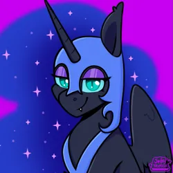 Size: 827x827 | Tagged: safe, artist:jellysketch, derpibooru import, nightmare moon, alicorn, pony, armor, bust, ethereal mane, fangs, female, galaxy mane, helmet, horn, image, lidded eyes, looking at you, mare, nicemare moon, png, portrait, sidemouth, signature, smiling, solo, tooth, wings
