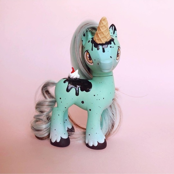 Size: 1080x1080 | Tagged: safe, artist:beccaintoyland, derpibooru import, mint chip, oc, oc:mr. mint, pony, unicorn, body markings, curly tail, customized toy, food, freckles, g4, ice cream, ice cream cone, ice cream horn, image, irl, jpeg, male, mint, photo, solo, spotted, stallion, tail, toy, whipped cream