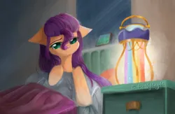 Size: 1280x832 | Tagged: safe, artist:dashienightingale, derpibooru import, sunny starscout, earth pony, pony, bed, female, g5, image, png, solo