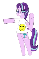 Size: 1941x2940 | Tagged: safe, artist:malleymall, derpibooru import, starlight glimmer, pony, unicorn, bipedal, clothes, cute, female, glimmerbetes, grin, horn, image, looking at you, mare, png, pointing, raised hoof, shirt, simple background, smiley face, smiling, solo, transparent background