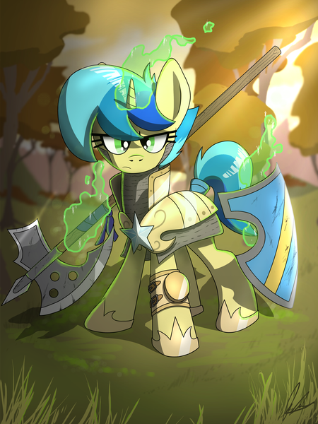 Size: 3000x4000 | Tagged: safe, artist:flaremoon, derpibooru import, oc, oc:mercury haze, pony, unicorn, armor, female, forest, guardsmare, halberd, image, looking at you, magic, mare, png, royal guard, shield, telekinesis, tree, weapon