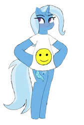 Size: 2024x3000 | Tagged: safe, artist:malleymall, derpibooru import, trixie, pony, unicorn, bipedal, blushing, clothes, cute, diatrixes, female, horn, image, looking away, mare, png, shirt, simple background, smiley face, smiling, solo, transparent background