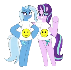 Size: 2986x2954 | Tagged: safe, artist:malleymall, derpibooru import, starlight glimmer, trixie, pony, unicorn, bipedal, blushing, clothes, cute, diatrixes, female, glimmerbetes, grin, horn, image, looking at you, looking away, mare, png, raised hoof, shirt, simple background, smiley face, smiling, transparent background