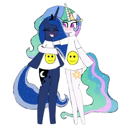 Size: 3080x3223 | Tagged: safe, artist:malleymall, derpibooru import, princess celestia, princess luna, alicorn, pony, bipedal, blushing, clothes, crown, cute, duo, eyes closed, female, grin, horn, image, jewelry, mare, png, regalia, royal sisters, shirt, siblings, simple background, sisters, smiley face, smiling, transparent background