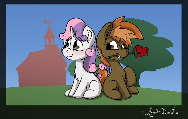 Size: 1395x885 | Tagged: safe, artist:agent-diego, derpibooru import, button mash, sweetie belle, earth pony, pony, unicorn, blushing, colt, female, filly, flower, foal, image, male, png, ponyville schoolhouse, rose, shipping, straight, sweetiemash