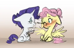 Size: 1280x827 | Tagged: safe, artist:chub-wub, derpibooru import, fluttershy, rarity, pegasus, pony, unicorn, alternate hairstyle, blushing, chibi, cute, duo, eyeliner, female, flarity, image, jpeg, lesbian, makeup, mare, missing cutie mark, one eye closed, raribetes, shipping, shyabetes, sitting, wink