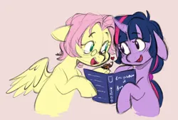 Size: 1280x864 | Tagged: safe, artist:chub-wub, derpibooru import, fluttershy, twilight sparkle, beetle, insect, pegasus, pony, unicorn, alternate hairstyle, book, cute, duo, female, glasses, heart, image, jpeg, lesbian, mare, open mouth, personality swap, role reversal, shipping, shyabetes, twiabetes, twishy, unicorn twilight