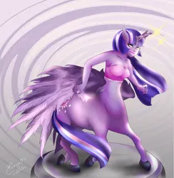 Size: 4000x4093 | Tagged: safe, artist:vanya93, derpibooru import, twilight sparkle, twilight sparkle (alicorn), alicorn, centaur, absurd resolution, bandeau, belly button, blurry background, breasts, busty twilight sparkle, centaur twilight, centaurified, centaurworld, cleavage, crossover, digital painting, female, glow, glowing horn, horn, image, no more ponies at source, png, reasonably sized breasts, solo, species swap