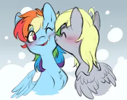 Size: 1280x1010 | Tagged: safe, artist:chub-wub, derpibooru import, derpy hooves, rainbow dash, pegasus, pony, blushing, chest fluff, cute, dashabetes, derpabetes, derpydash, duo, eyes closed, female, image, jpeg, kiss on the cheek, kissing, lesbian, mare, one eye closed, shipping, wink