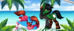 Size: 2560x1080 | Tagged: safe, artist:airiniblock, derpibooru import, oc, oc:kendall wilson, oc:lucid heart, unofficial characters only, pegasus, pony, beach, clothes, commission, duo, ear fluff, female, image, love, male, mare, ocean, pegasus oc, png, rcf community, socks, tree, water, wingding eyes, wings