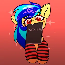 Size: 1500x1500 | Tagged: safe, artist:koapony, derpibooru import, oc, oc:koa, pony, book, clothes, death note, eyebrows, eyebrows visible through hair, fangs, image, jpeg, leg warmers, looking at you, mouth hold, solo, sparkles
