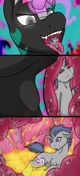 Size: 586x1280 | Tagged: questionable, artist:noblebrony317, derpibooru import, oc, oc:verlo streams, unofficial characters only, kirin, nirik, drool, drool string, dubious consent, endosoma, fire, image, inside stomach, internal, jpeg, kirin oc, looking at someone, looking down, maw, mawshot, nervous, non-fatal vore, oc x oc, open mouth, saliva puddle, salivating, scared, shipping, stomach, swallowing, throat bulge, unsure, vore, worried