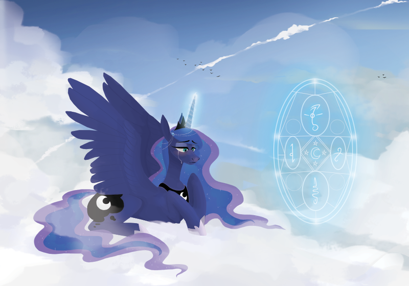 Size: 877x614 | Tagged: safe, artist:thevixvix, derpibooru import, princess luna, alicorn, pony, cloud, crying, female, image, lying down, lying on a cloud, magic, mare, on a cloud, png, solo