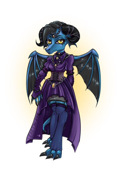 Size: 1158x1637 | Tagged: safe, artist:leastways, derpibooru import, oc, anthro, dragon, claws, clothes, commission, digital art, dragon oc, dragoness, dress, female, gloves, horns, image, jewelry, long gloves, non-pony oc, png, simple background, skirt, socks, solo, spread wings, stockings, tail, thigh highs, transparent background, wings