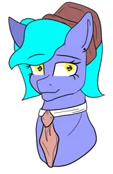 Size: 533x819 | Tagged: safe, derpibooru import, oc, oc:kate sanders, earth pony, bust, hat, image, jpeg, lawyer, looking at you, necktie, portrait, simple background, smiling, staring at you, white background, yellow eyes