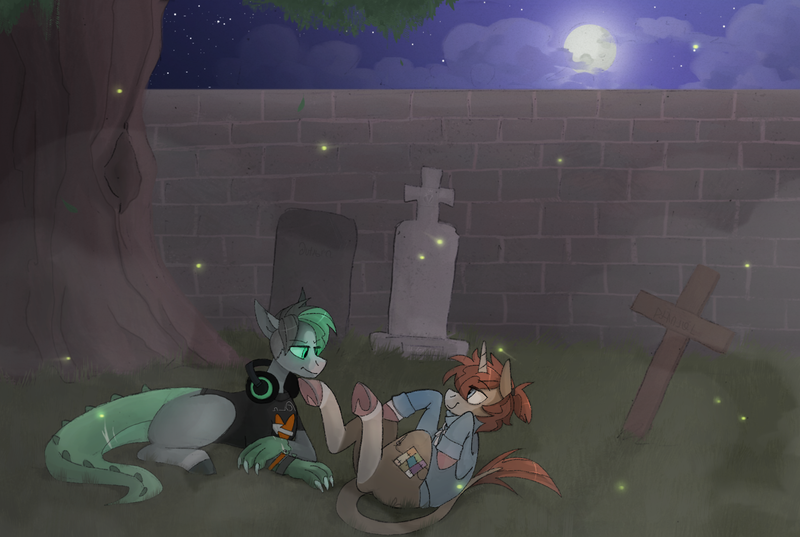 Size: 1280x859 | Tagged: safe, artist:thevixvix, derpibooru import, oc, unofficial characters only, classical unicorn, dracony, dragon, hybrid, pony, unicorn, cloven hooves, duo, gravestone, graveyard, hoof heart, image, leonine tail, lying down, moon, night, on back, png, underhoof, unshorn fetlocks